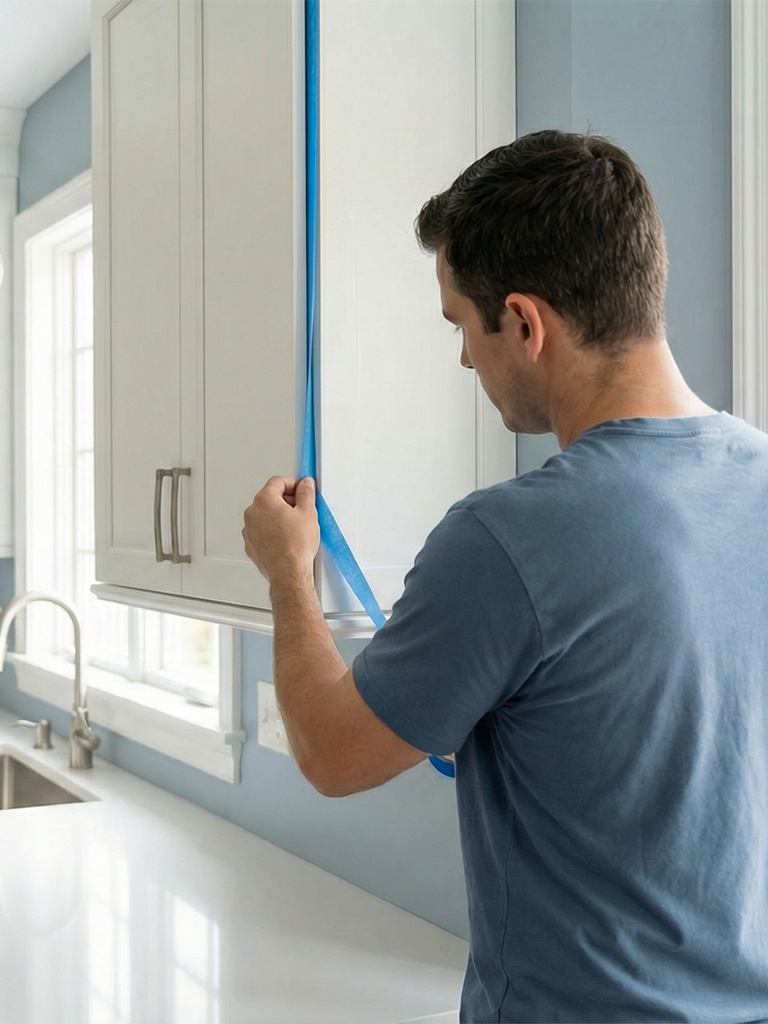 Painter masking and preparing cabinetry for cabinet painting