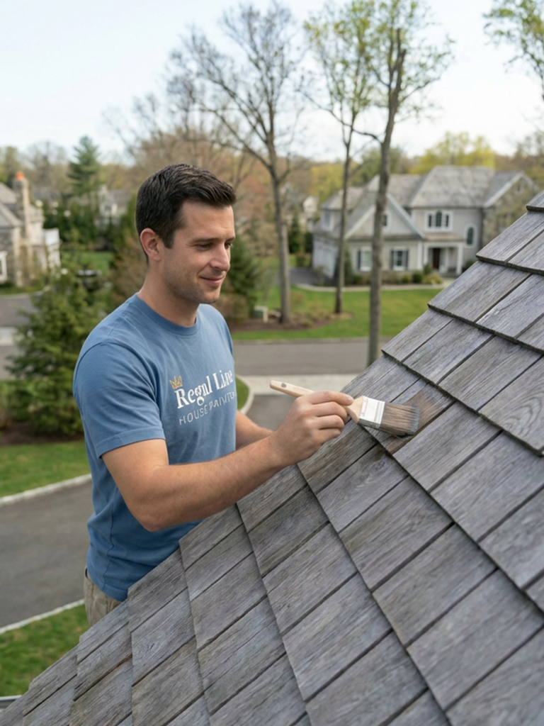 Technician applying treatment to cedar roof shingles on a Weston home