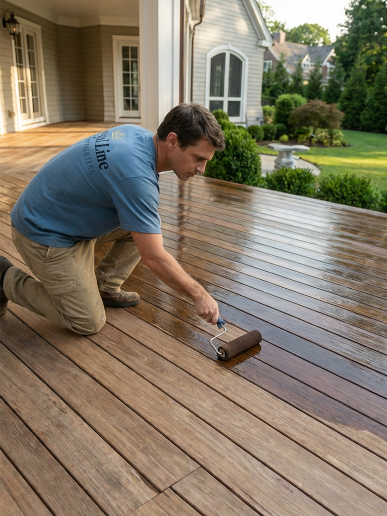 Painter applying stain to a wood deck surface outdoors