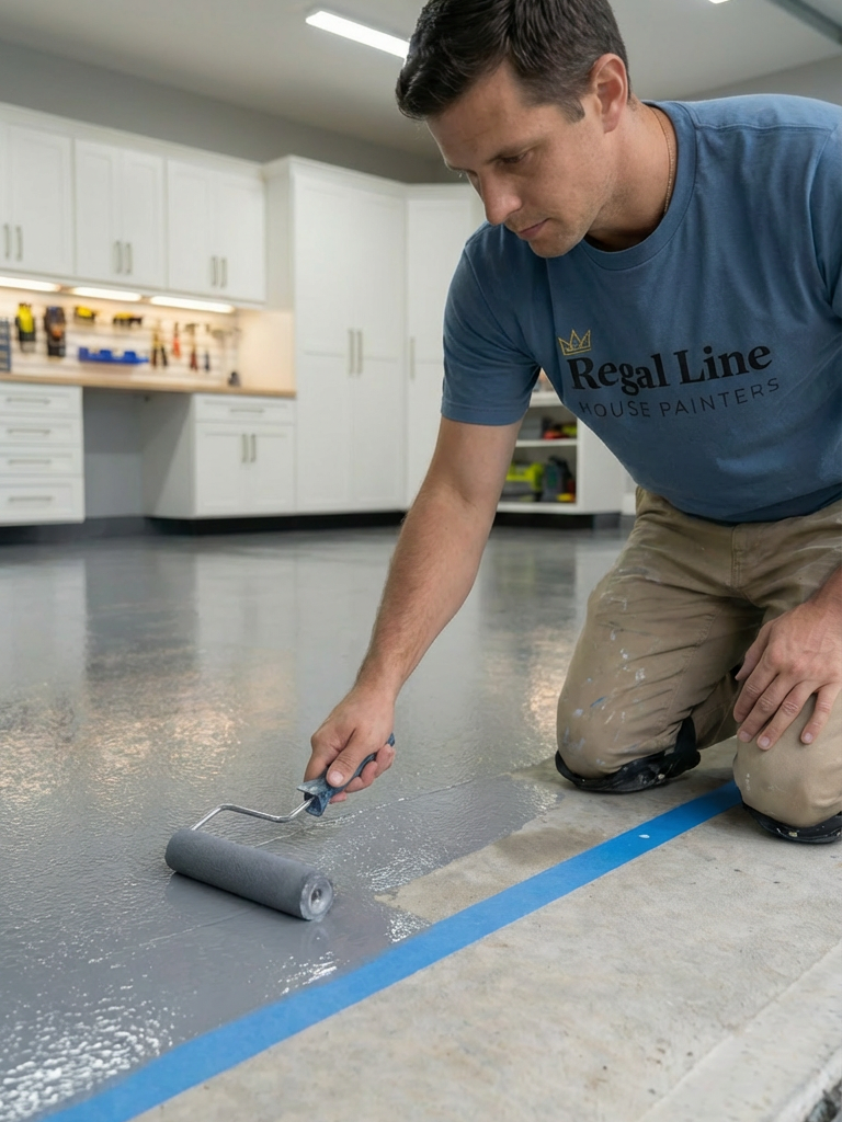 Installer applying epoxy coating on a garage or basement floor