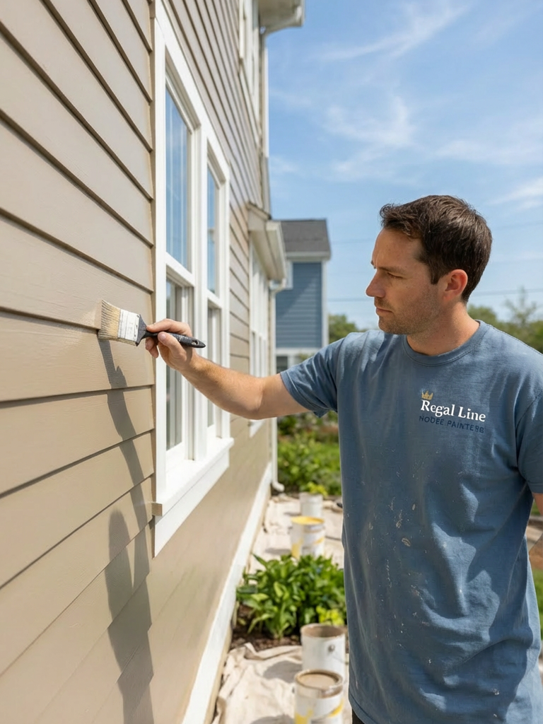Painter applying exterior coating to house siding in daylight
