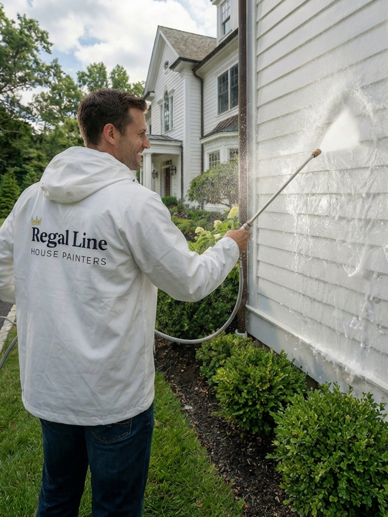 Technician pressure washing home siding before painting or prep