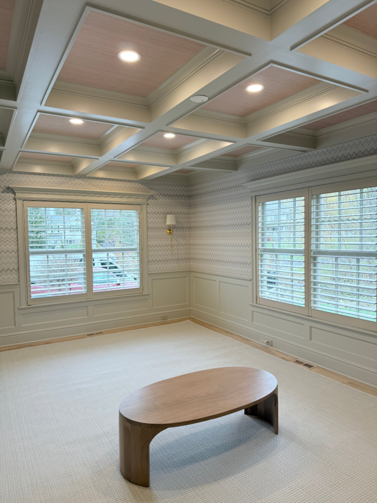 Coffered ceiling in New Canaan, CT with soft blush insets, crisp millwork, and a refined interior painting finish