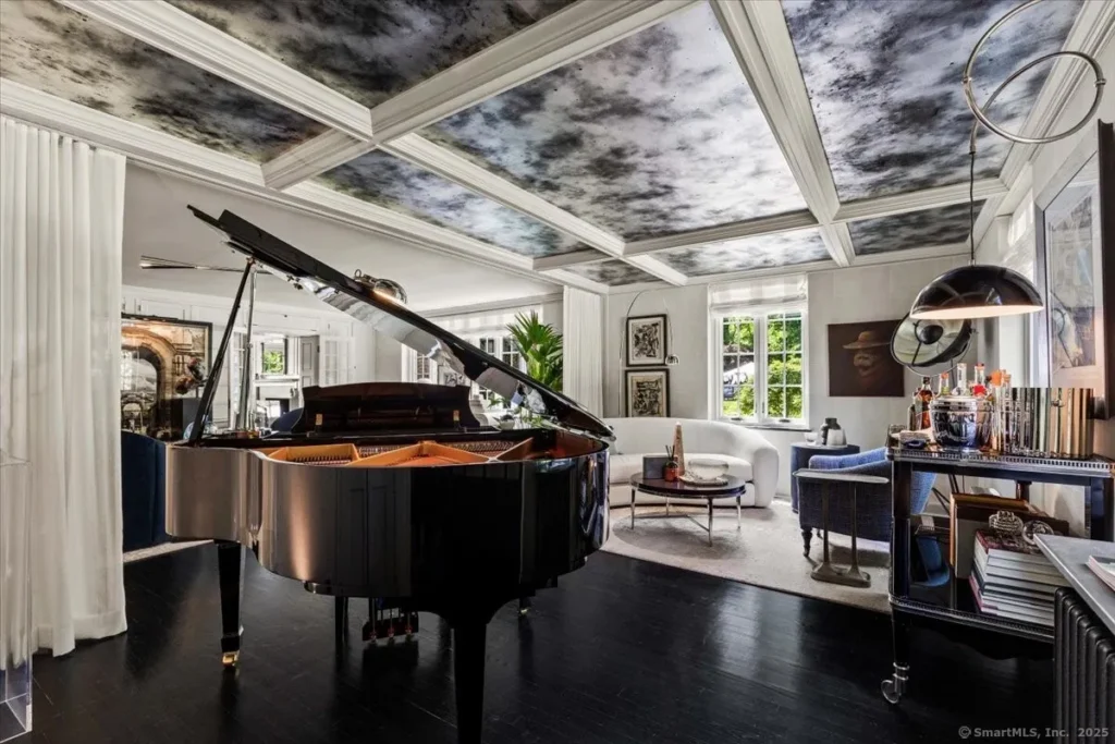 Decorative coffered ceiling in New Canaan, CT with dramatic inset panels, crisp white millwork, and a refined formal room setting