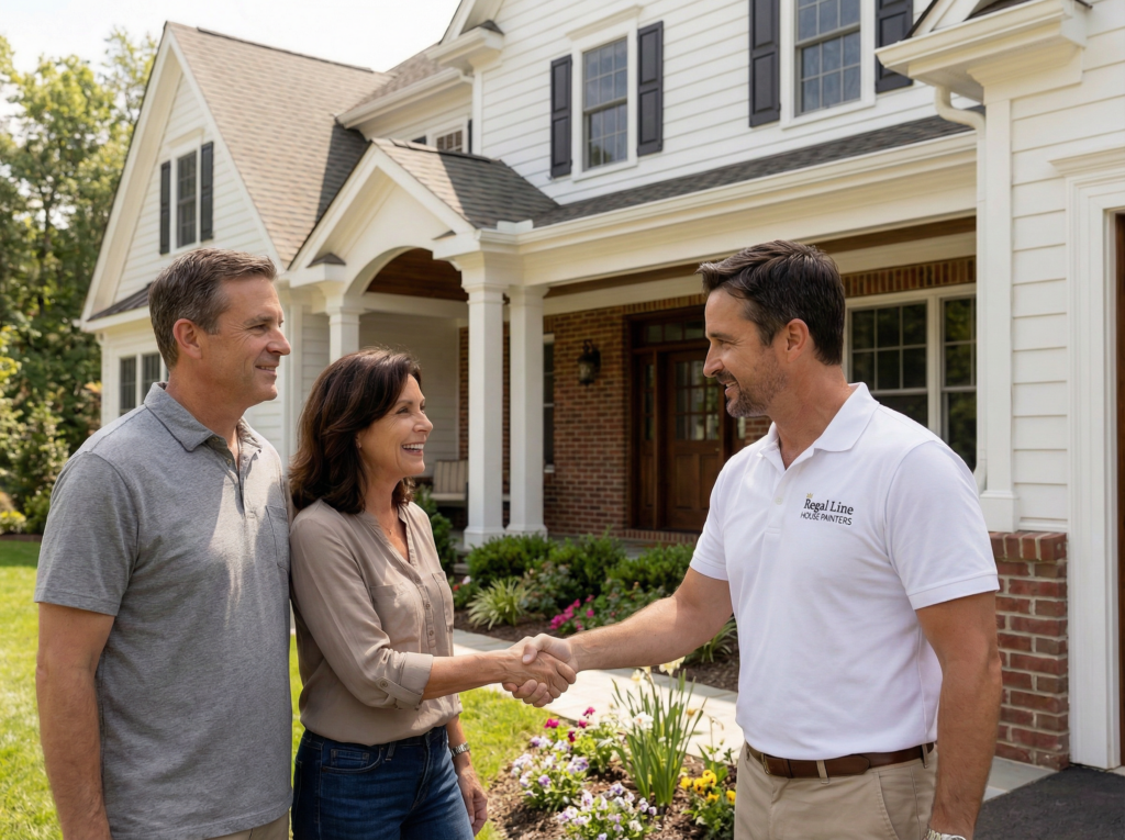 Homeowner couple shaking hands with a Regal Line representative outside a residential home