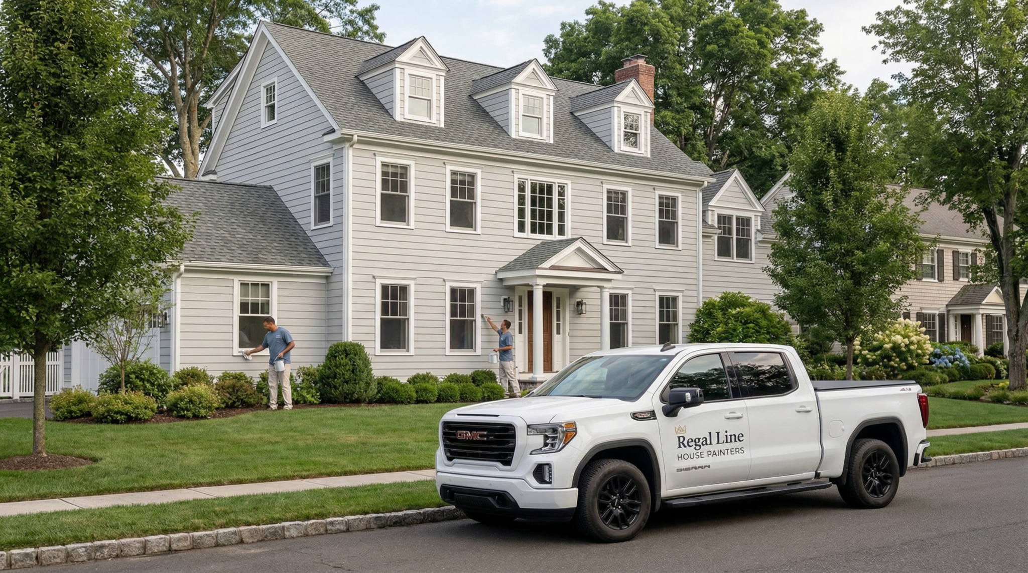 Regal Line crew working outside a large Darien home with truck, ladder, and exterior setup vi