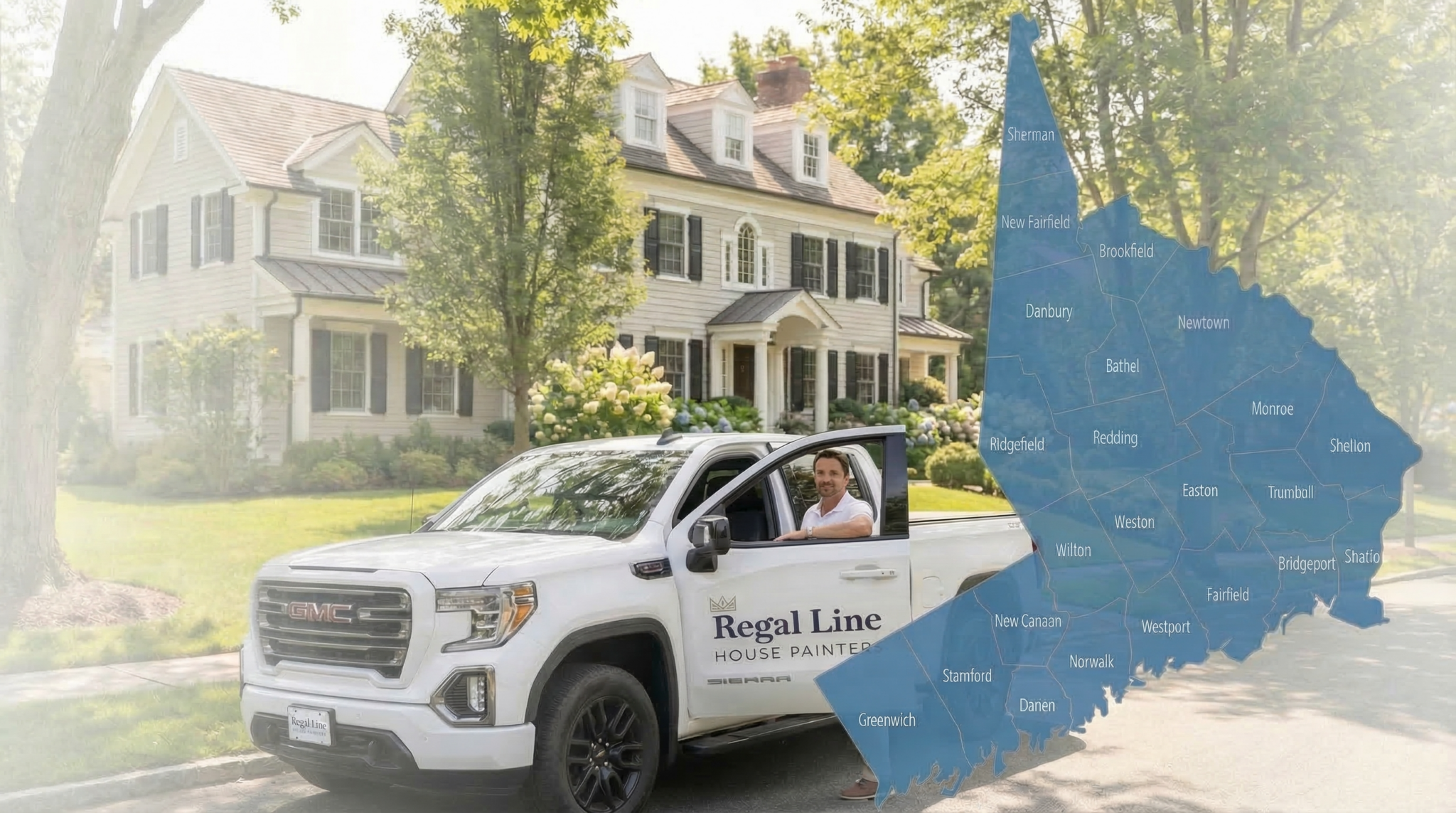 Regal Line service truck parked in front of a large Fairfield County home with local area map overlay