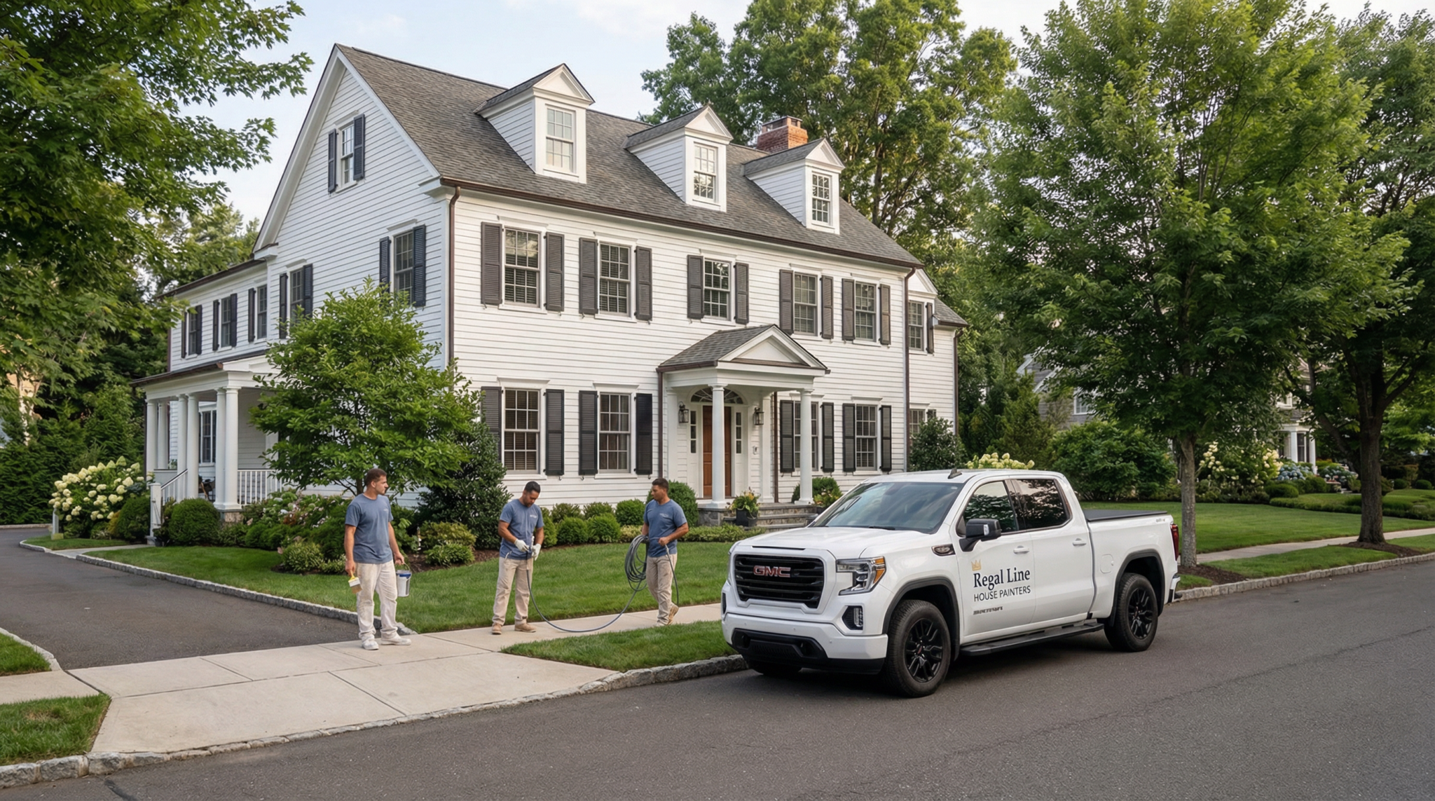 Regal Line crew working outside a large New Canaan home with truck, ladder, and exterior setup visible