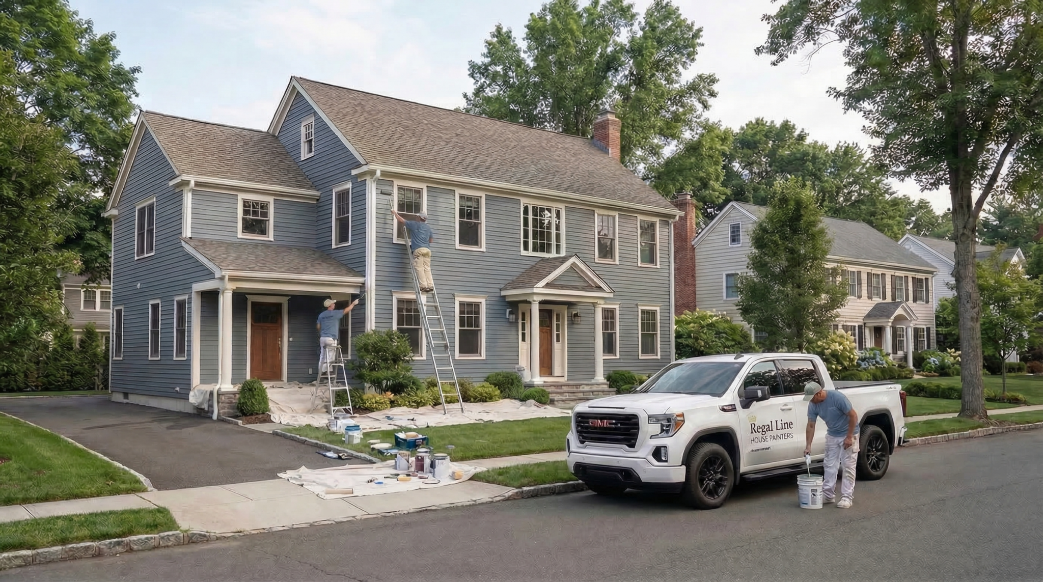 Regal Line crew working outside a large Norwalk home with truck, ladder, and exterior setup visible