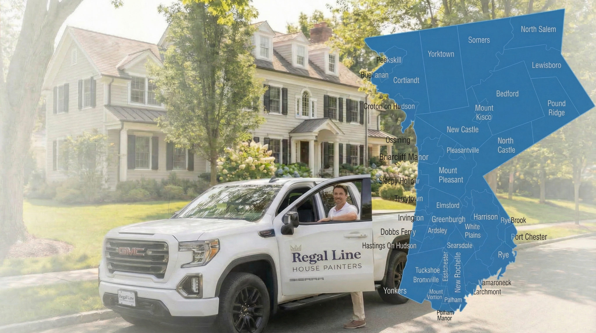 Regal Line service truck parked outside a large Westchester County home with county map overlay