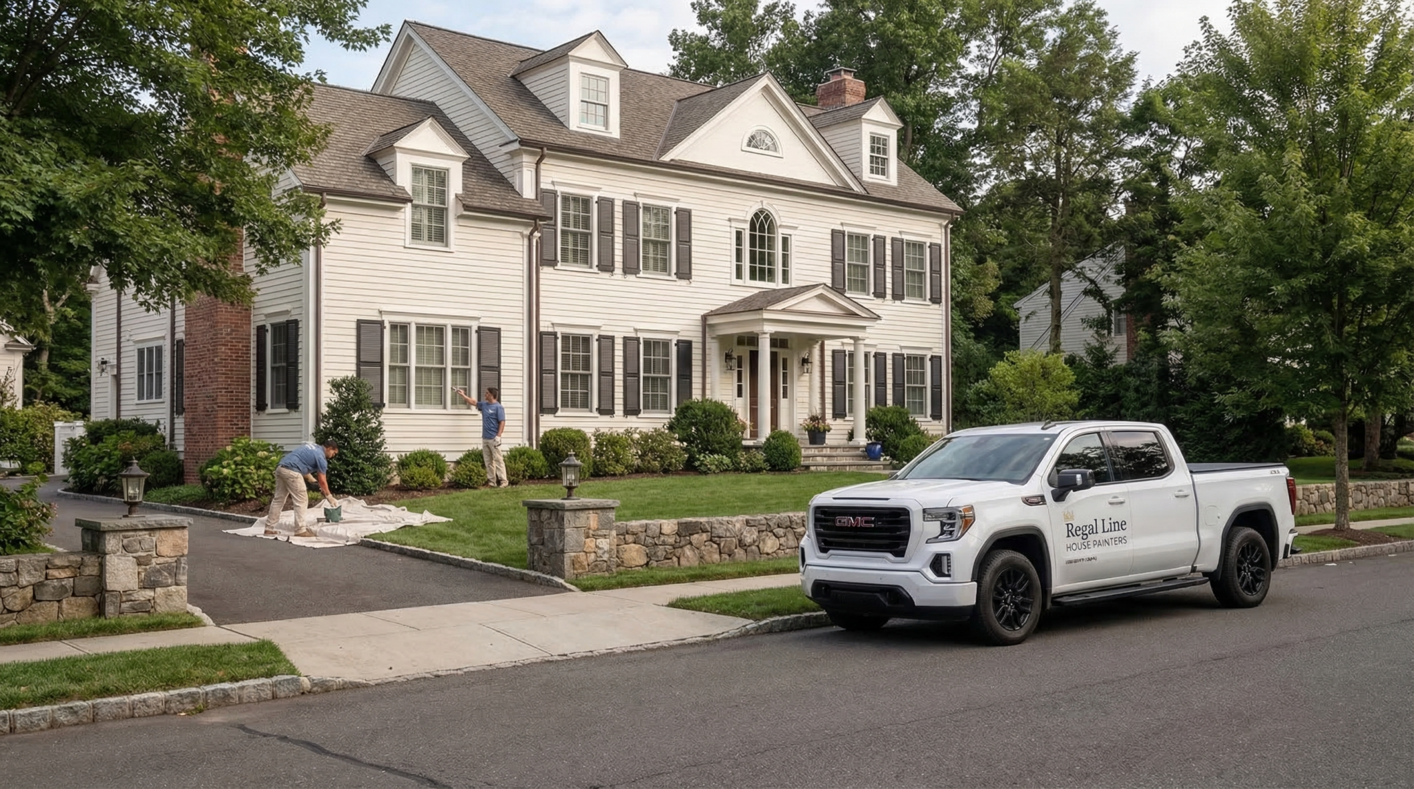 Regal Line crew working outside a large Weston home with truck, ladder, and exterior setup visible