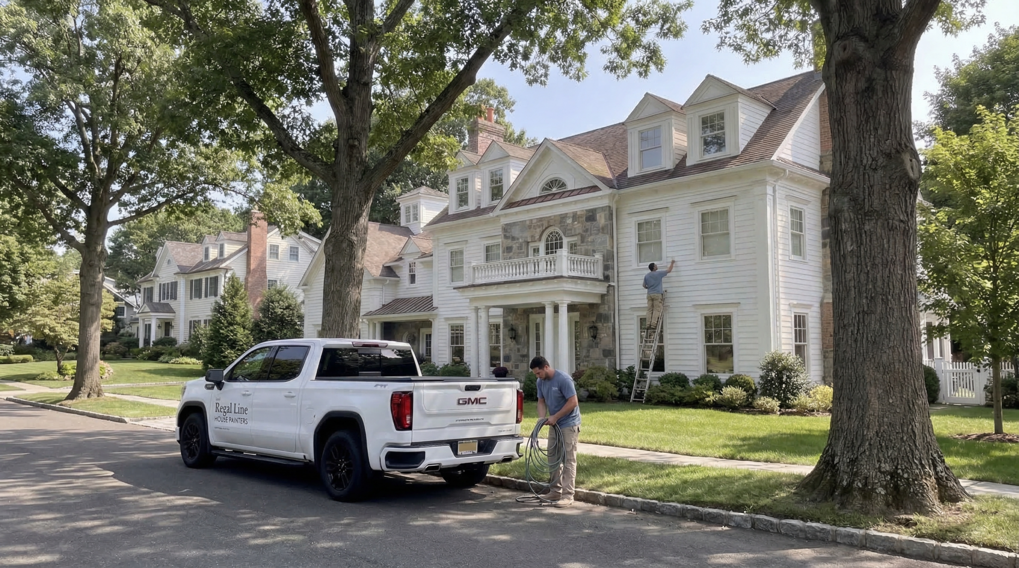 Regal Line crew working outside a large Westport home with truck, ladder, and exterior setup visible