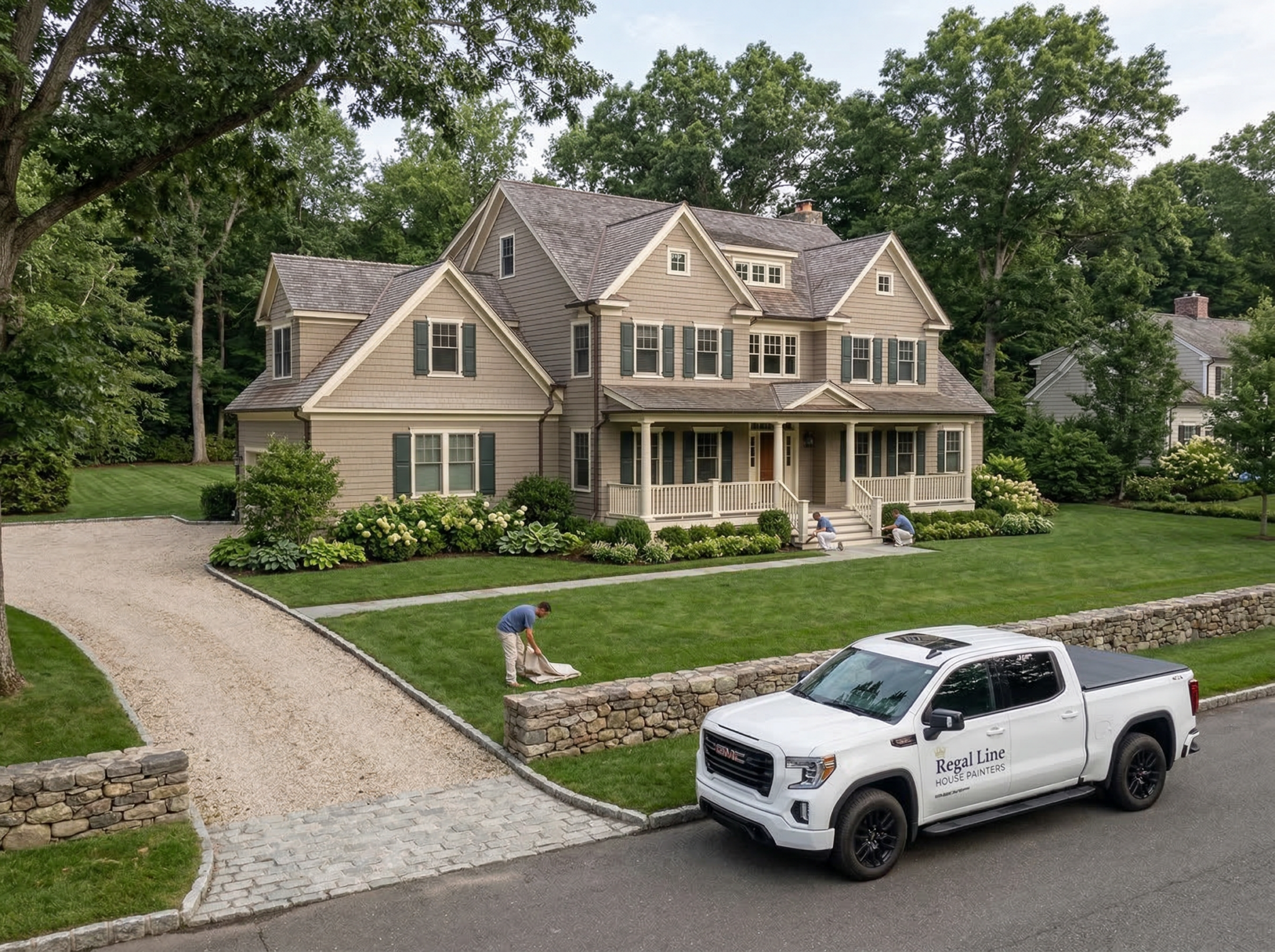 Painting crew and service truck set outside a large Bedford property with open grounds