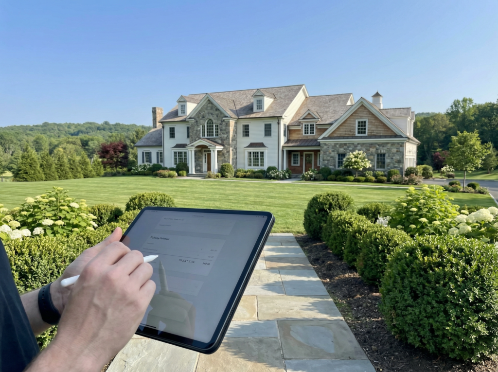 Tablet estimate review in front of a large Fairfield County home during an exterior painting pricing visit