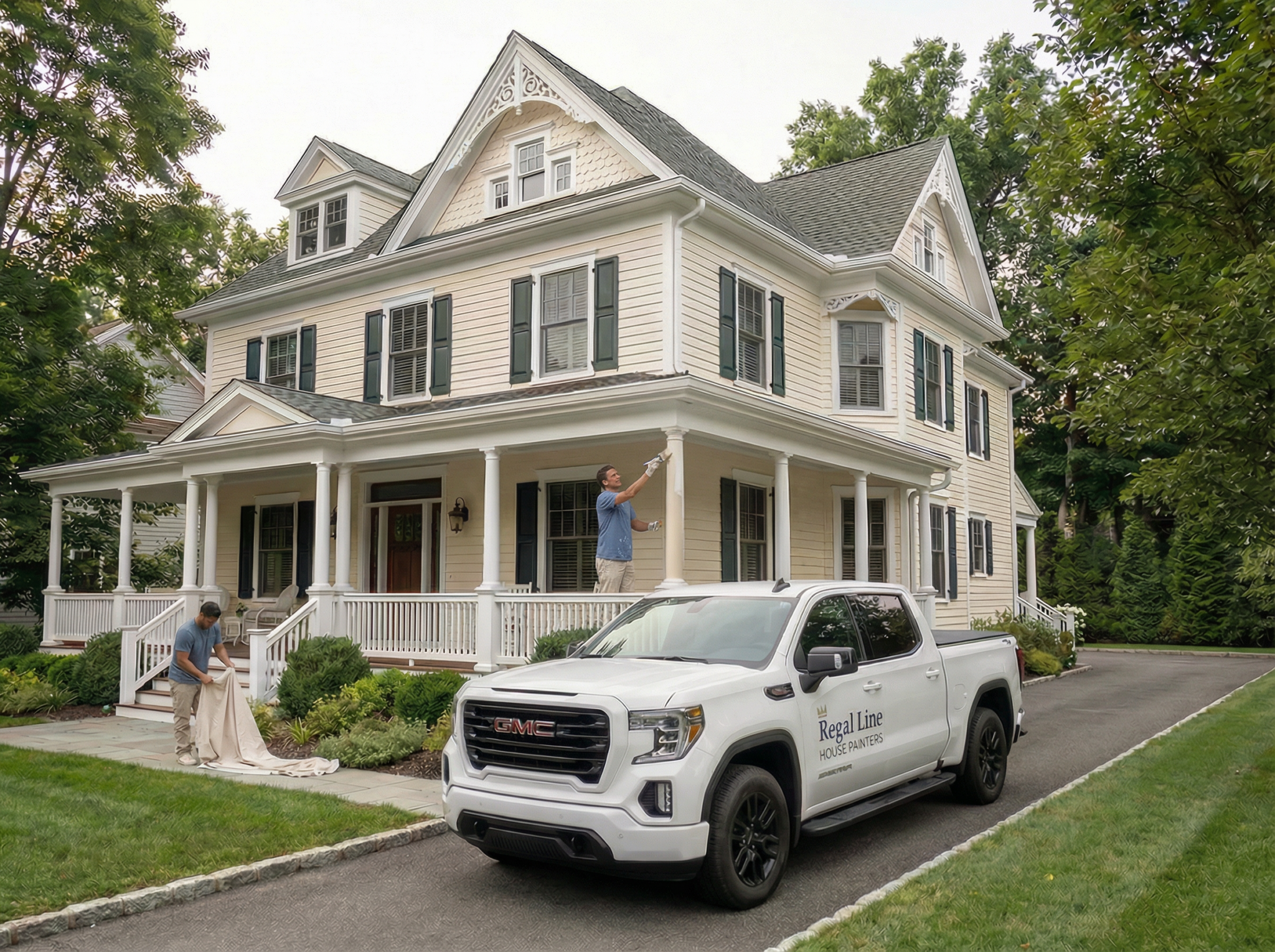 Painting crew and service truck outside a large Katonah home during active setup