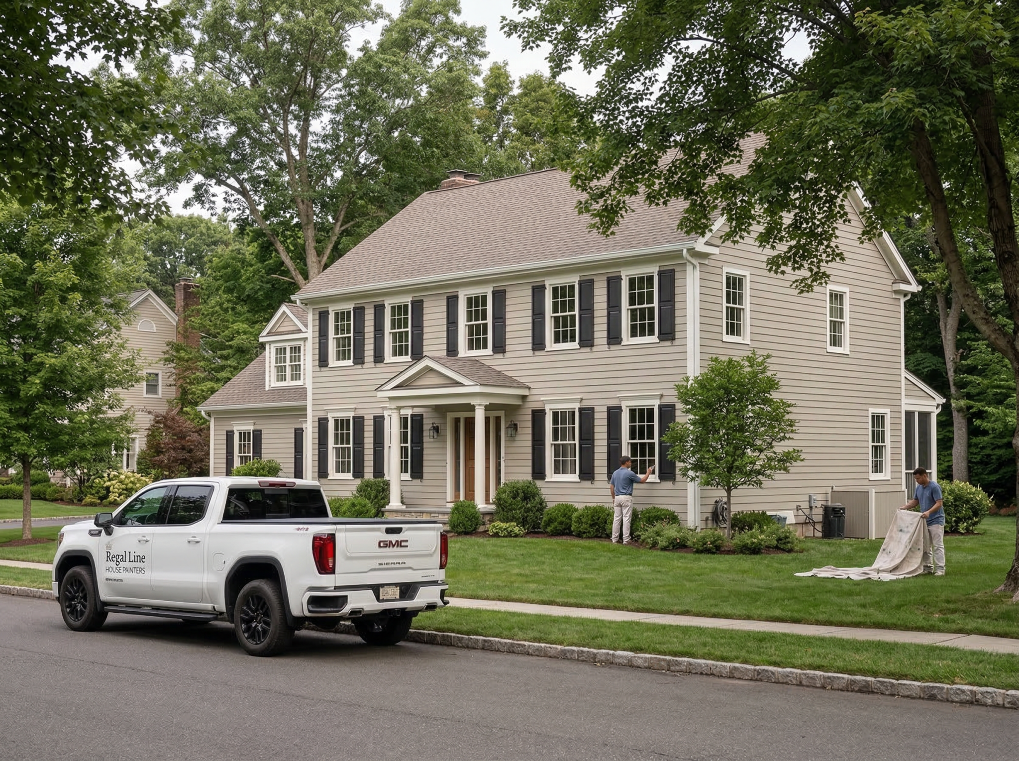 Crew and service truck set up outside a Lewisboro home in a wooded setting
