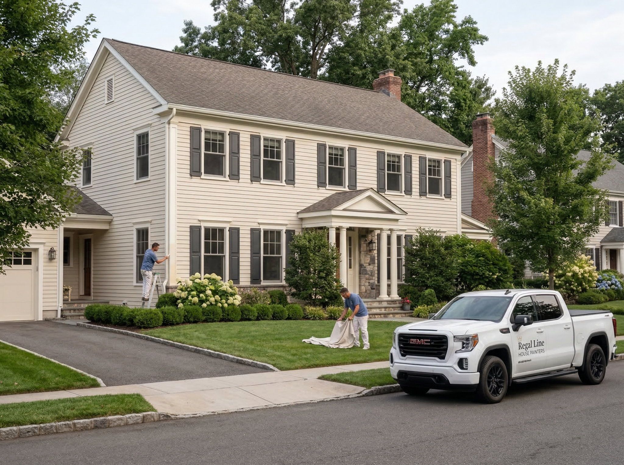 Crew and service truck set up outside a Mount Kisco home during active painting work