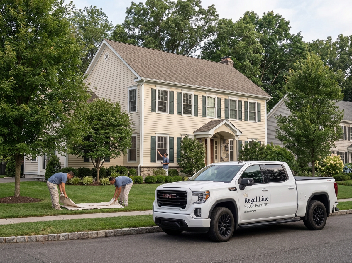 Active painting crew and service truck outside a large Mount Pleasant residence