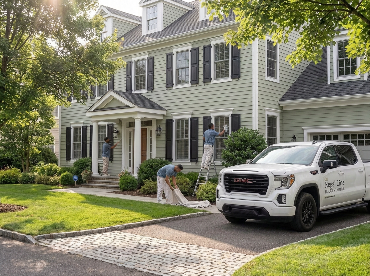 Painting crew and service truck set up outside a large New Castle home