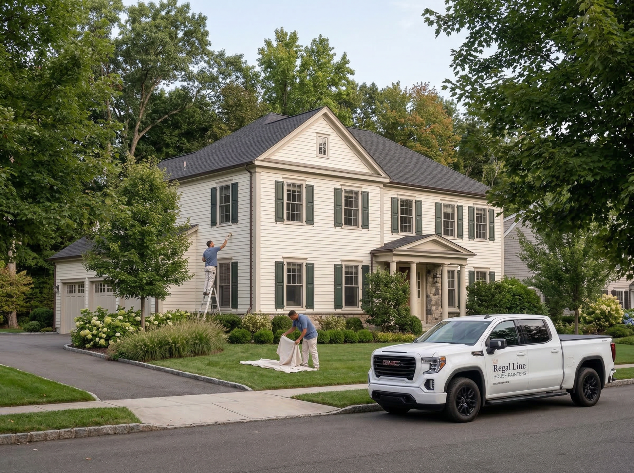 Painting crew and branded truck outside a larger Pound Ridge home with natural surroundings