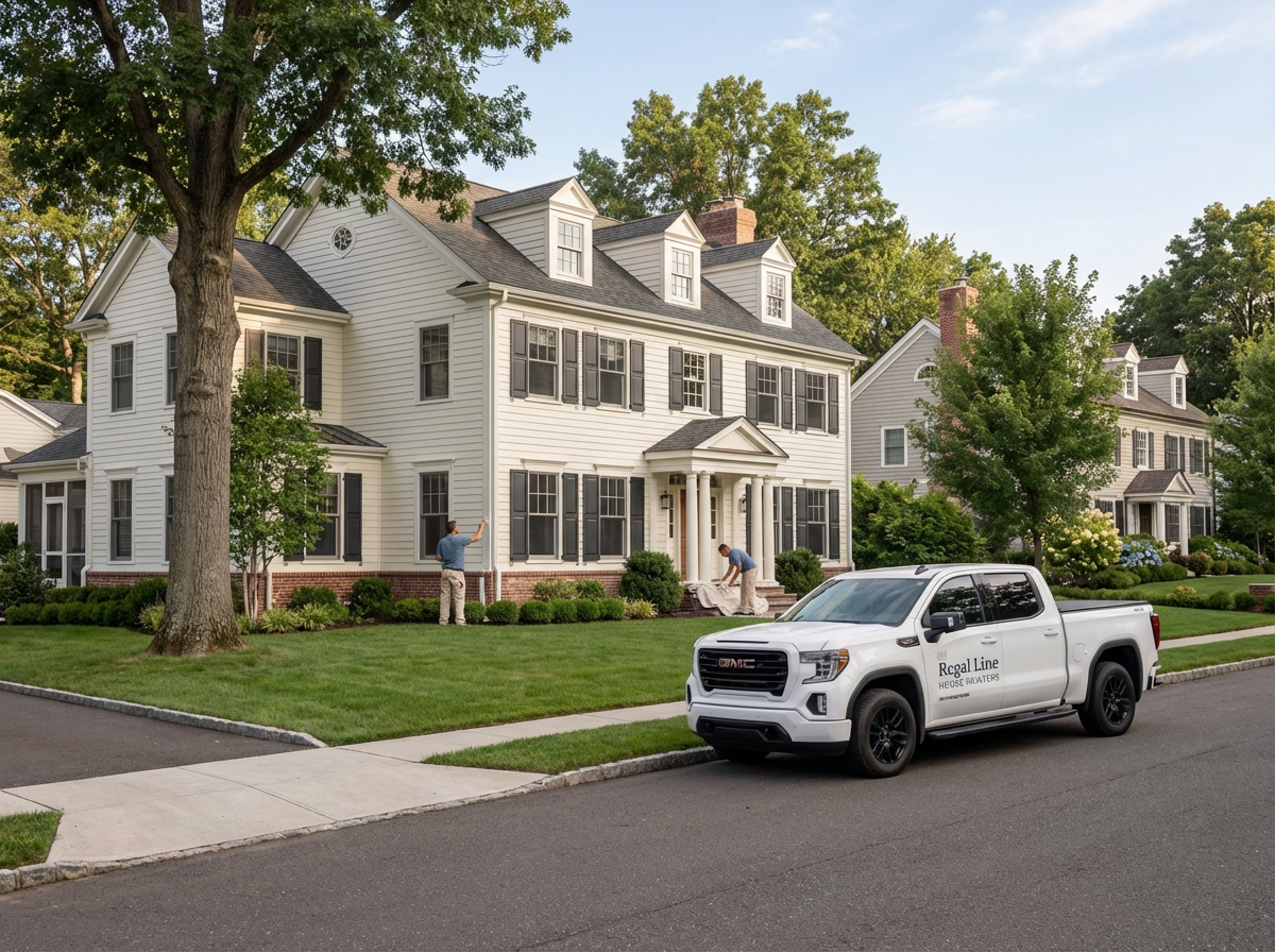 Regal Line crew working outside a large Ridgefield home with truck, ladder, and exterior setup visible