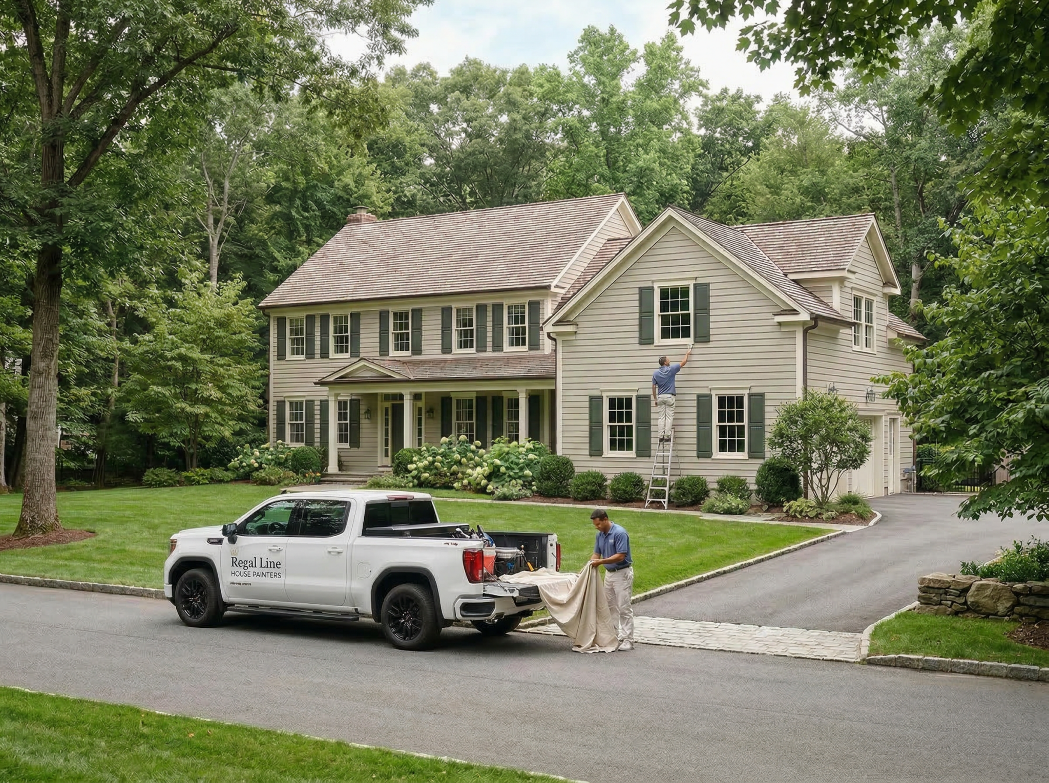Painting crew and service truck outside a South Salem home in a more rural setting