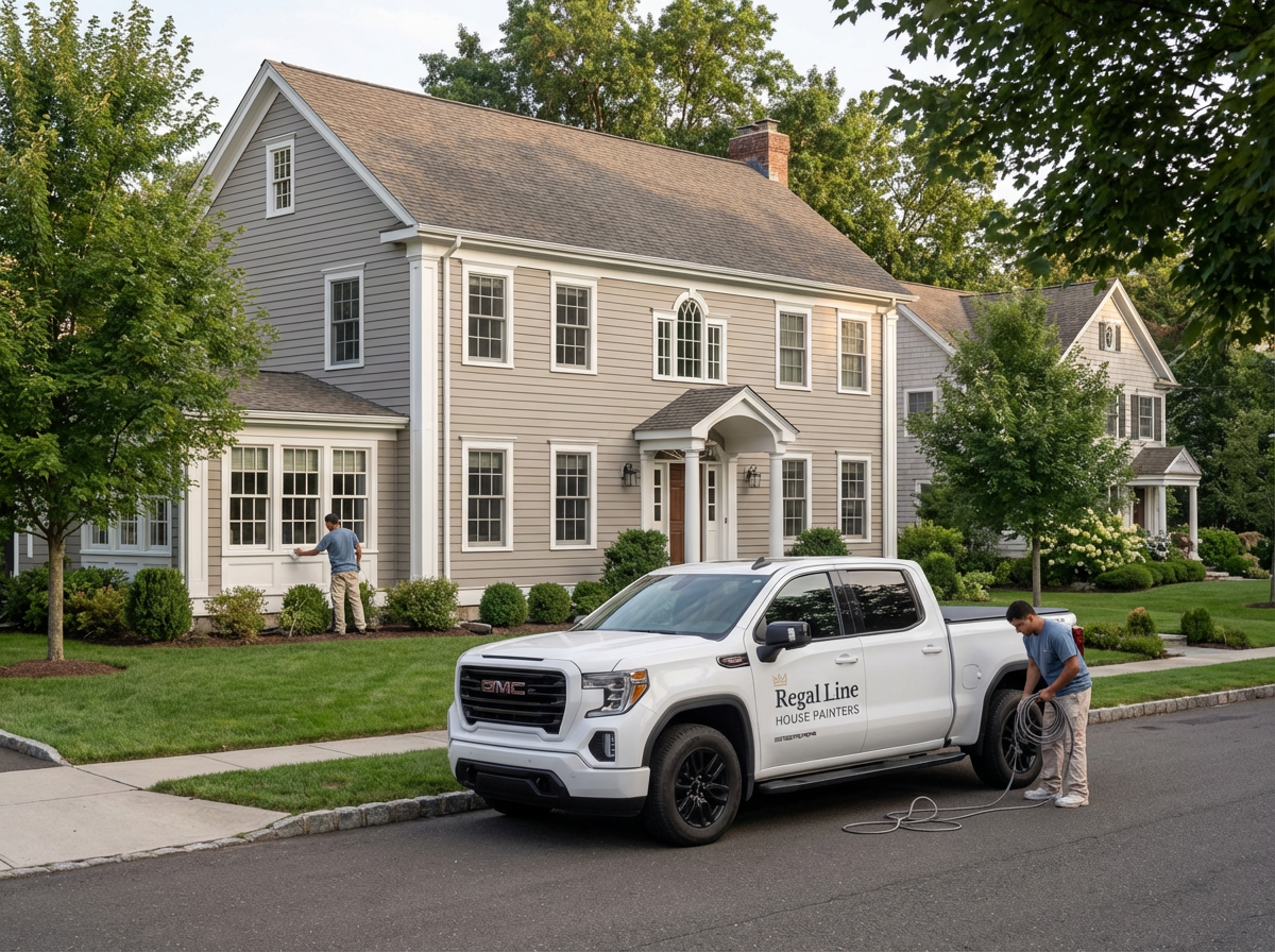Regal Line crew working outside a large Stamford home with truck, ladder, and exterior setup visible