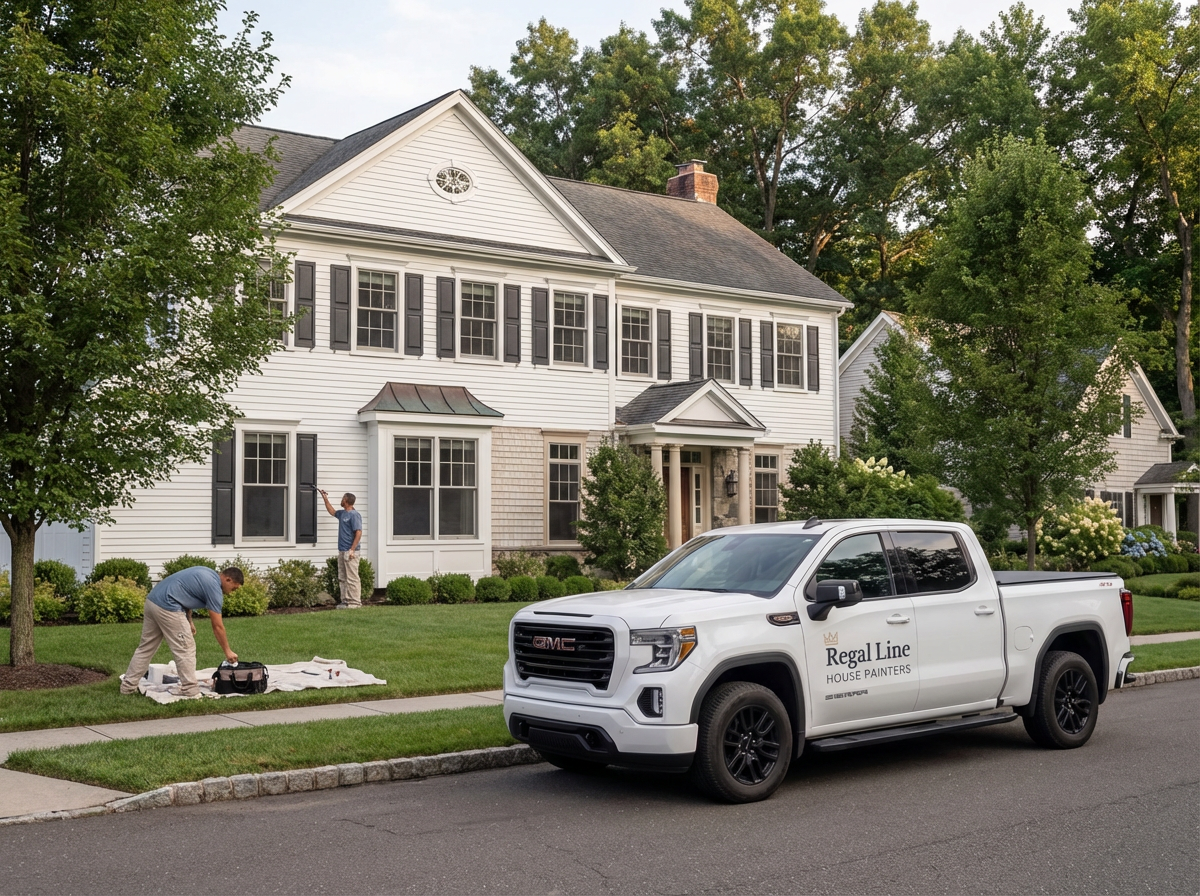 Regal Line crew working outside a large Trumbull home with truck, ladder, and exterior setup visible