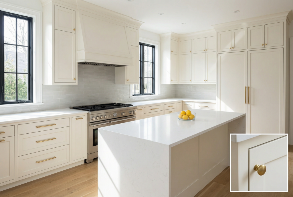 Bright kitchen with freshly finished painted cabinets, island, and clean cabinet lines