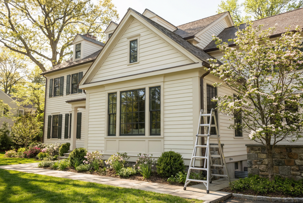 Freshly painted house exterior with clean siding, trim, and ladder setup