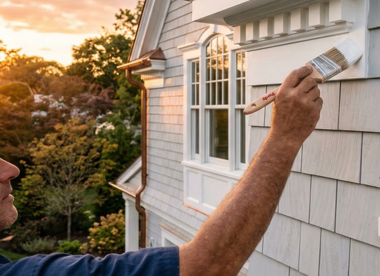 Painter applying finish work on exterior siding detail at sunset