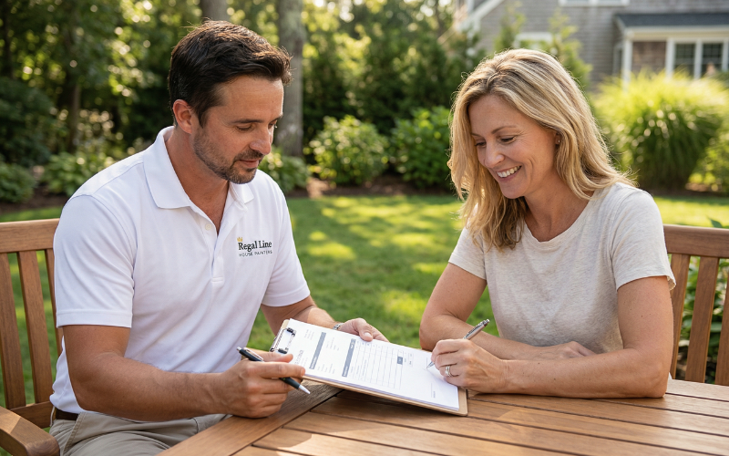 Regal Line owner reviewing project paperwork with a homeowner outdoors