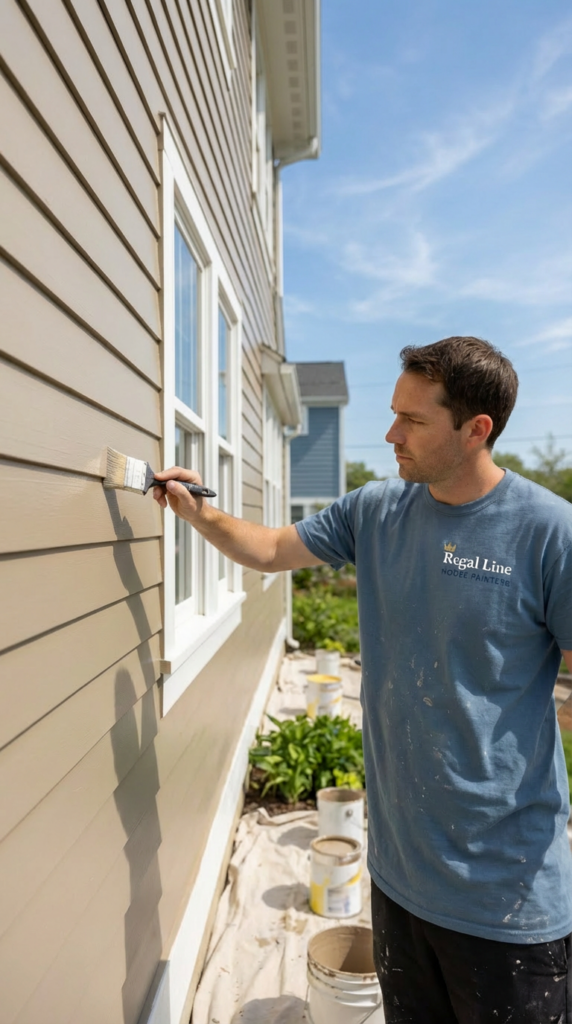 Painter applying exterior coating to siding on a Westport home