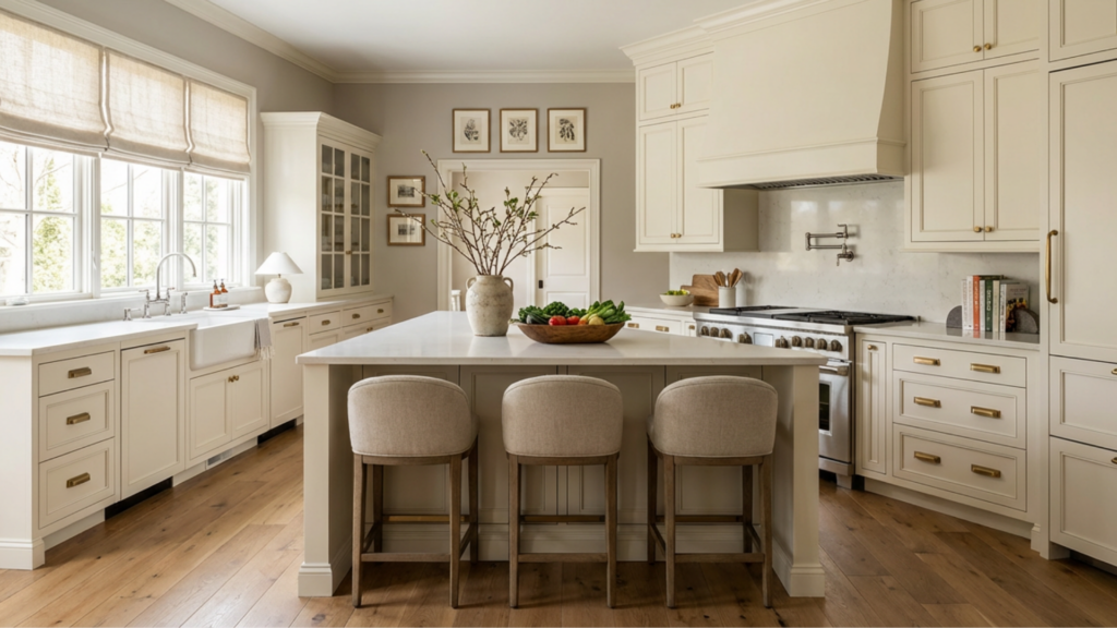 Painted kitchen cabinets in a Fairfield County home showing a clean, durable cabinet finish