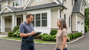 Painter reviewing a house painting estimate with a homeowner outside a Fairfield County home
