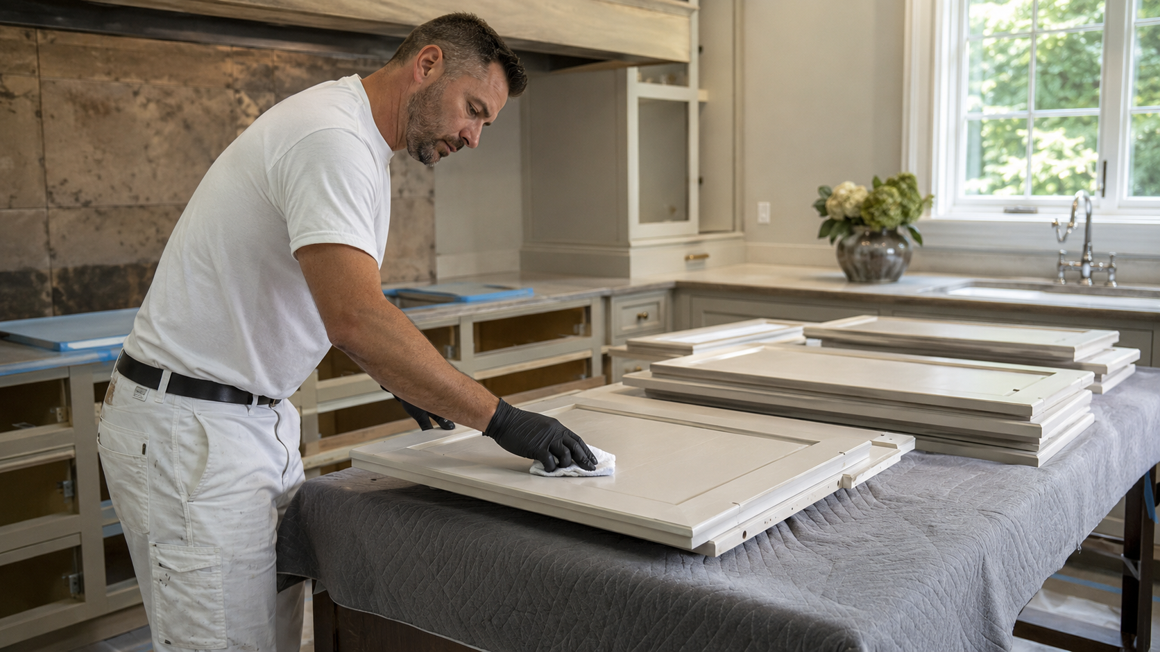 Cabinet Refinishing Prep in New Canaan CT Cabinet refinishing prep in a premium New Canaan CT kitchen