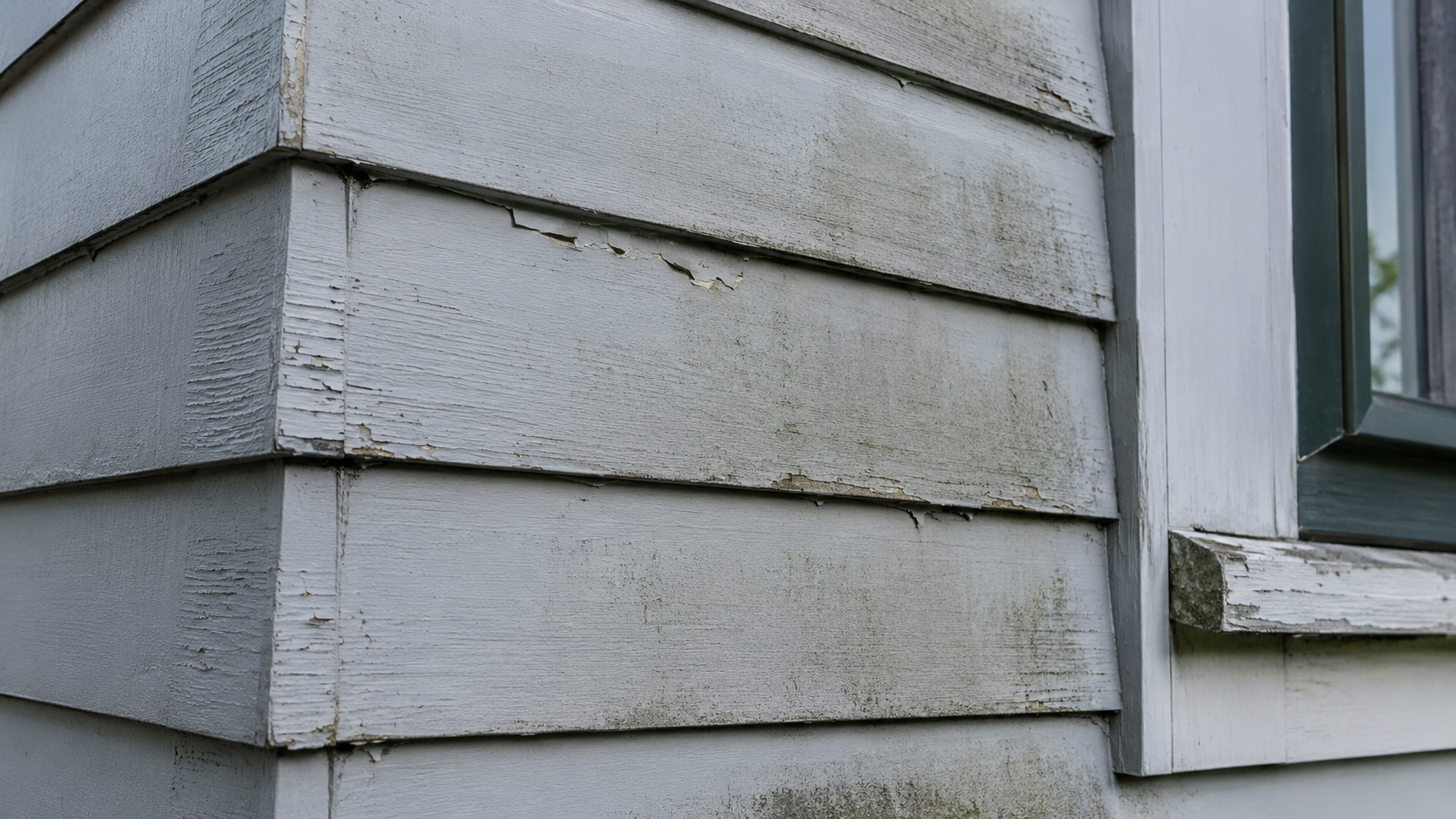 Signs of Moisture Paint Failure on Shaded Exterior Siding Moisture-related exterior paint peeling and mildew on shaded wood siding