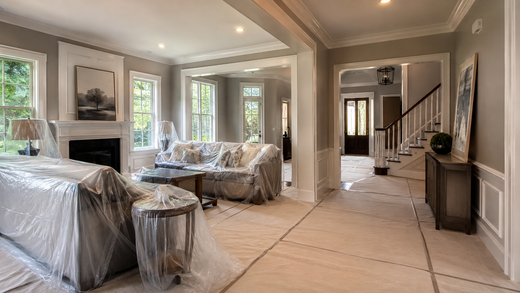 Protecting Floors and Furniture During Interior Painting Protected floors and furniture during an interior repaint in a lived-in New Canaan CT home