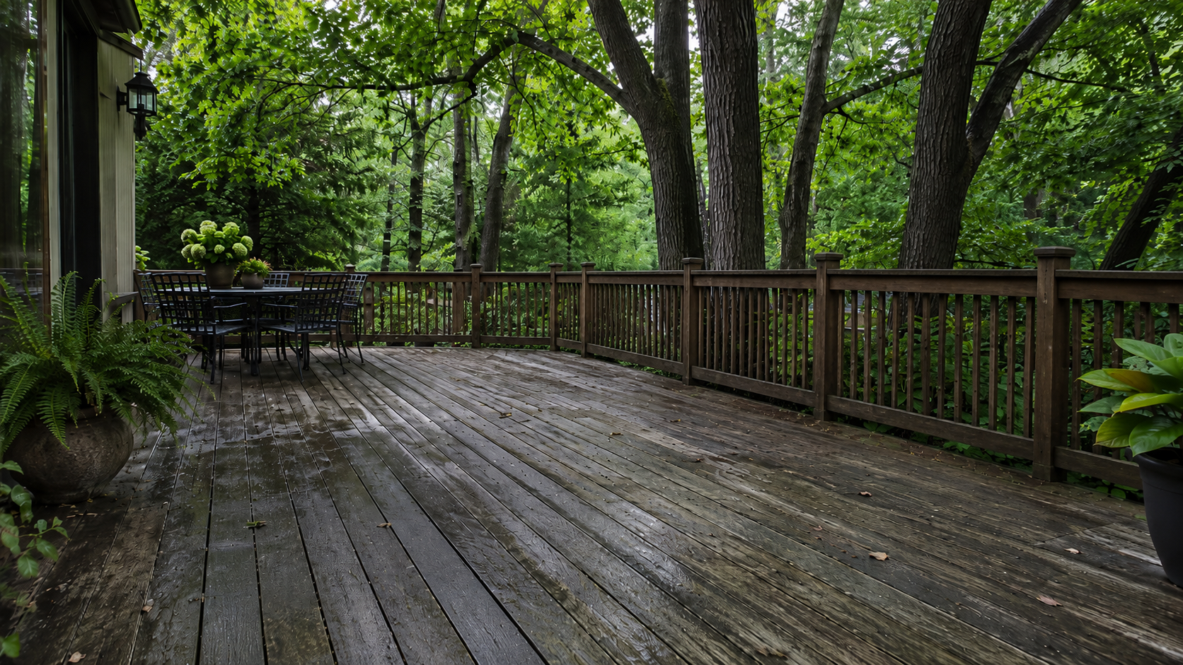 Why Shaded Decks Gray and Grow Mildew in New Canaan CT Shaded deck boards turning gray with mildew under tree canopy in New Canaan CT