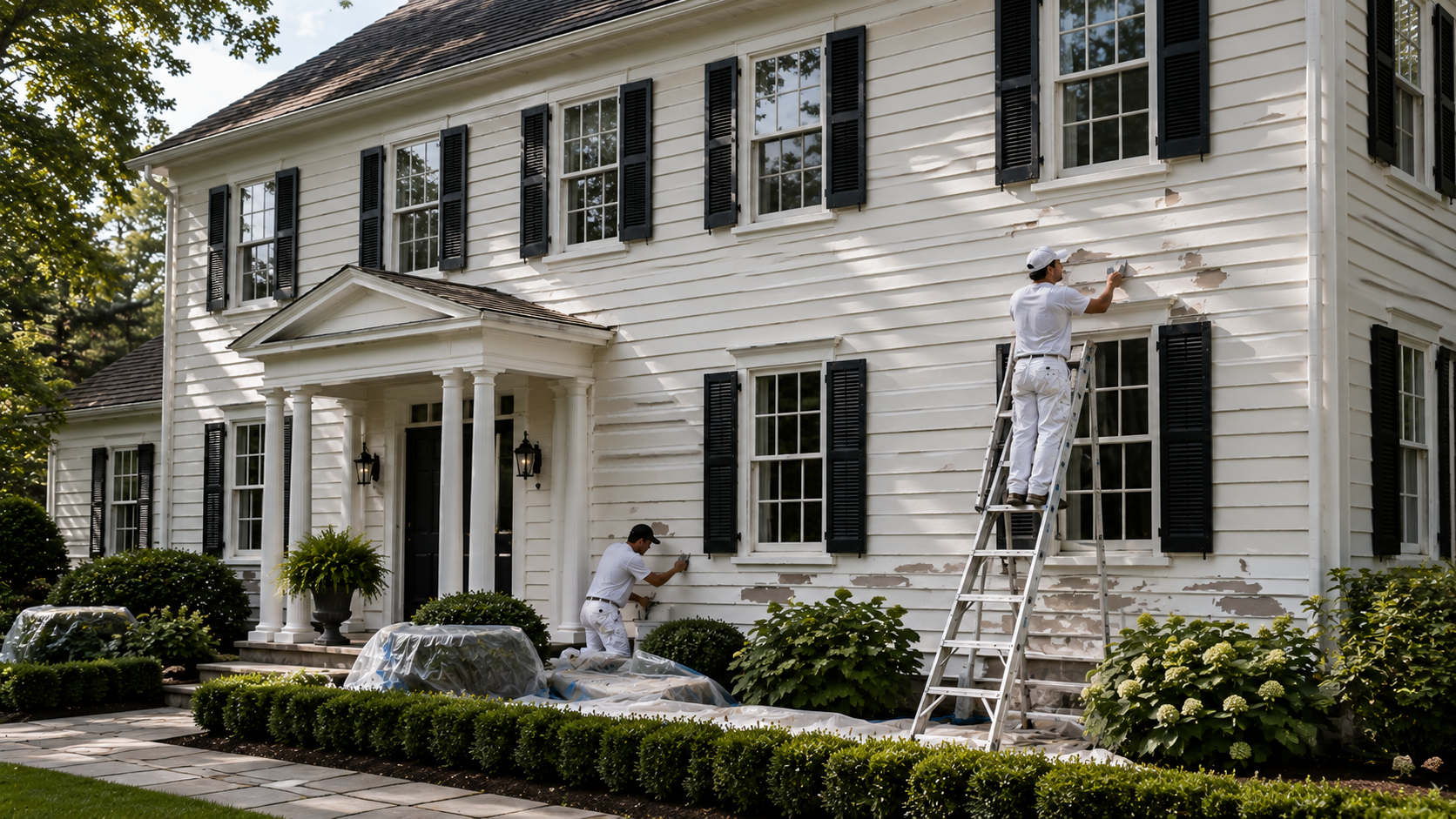 Greenwich CT Exterior Painting Preparation Professional painters preparing exterior siding and trim on a Greenwich Connecticut home