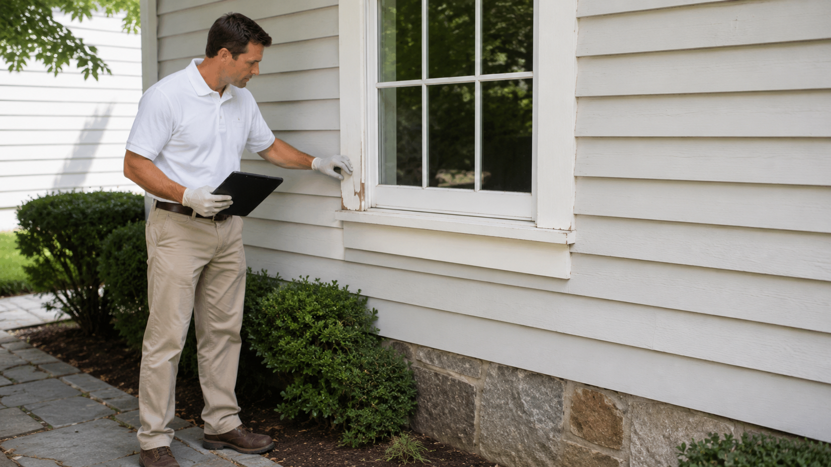 Greenwich CT Exterior Preparation Cost Inspection Professional estimator inspecting worn exterior window trim and siding on a Greenwich Connecticut home