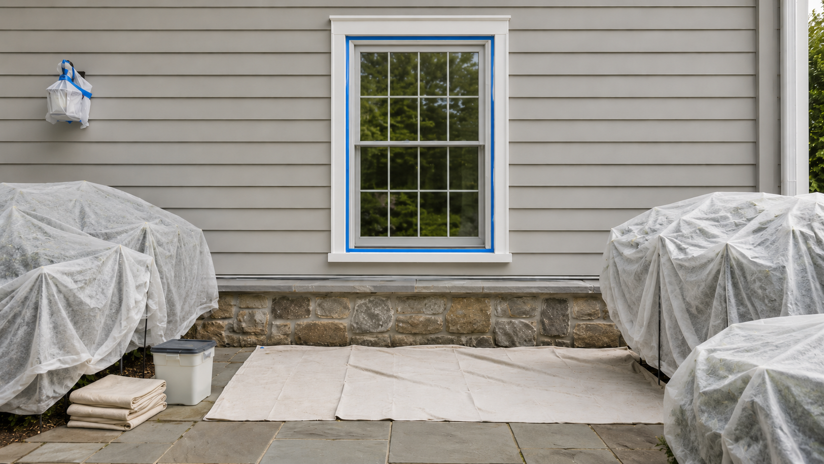 Greenwich CT Exterior Property Protection Landscaping window and stone walkway protected before exterior painting at a Greenwich Connecticut home