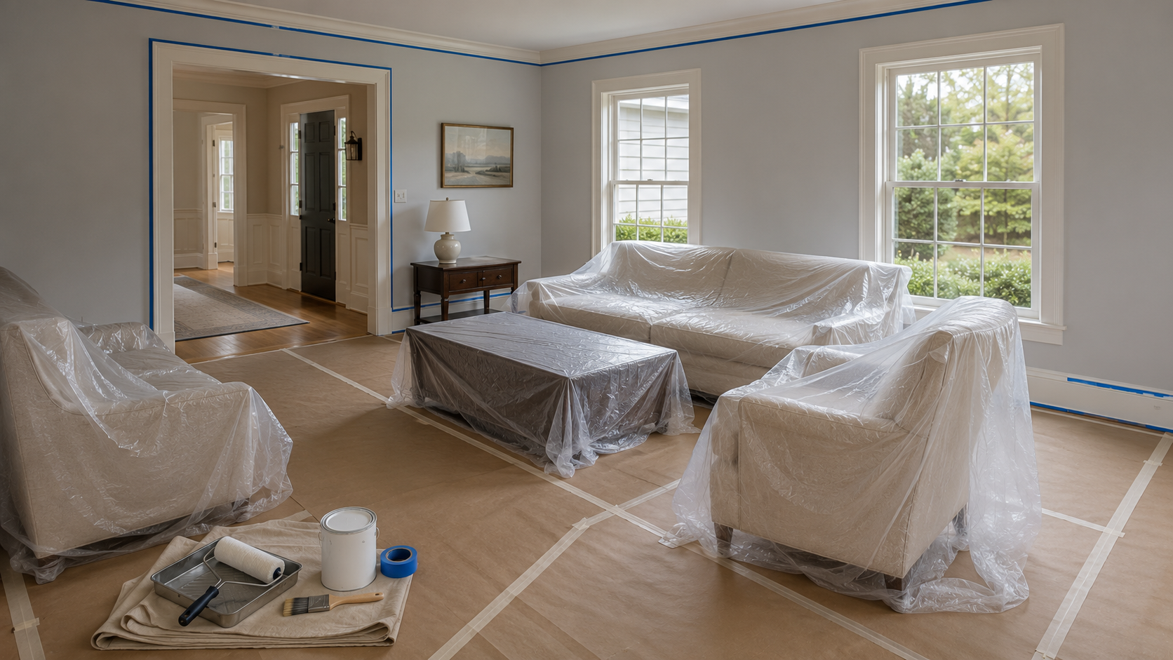 Greenwich CT Home Protection Before Painting Furniture and hardwood floors carefully protected before interior painting in a Greenwich Connecticut home