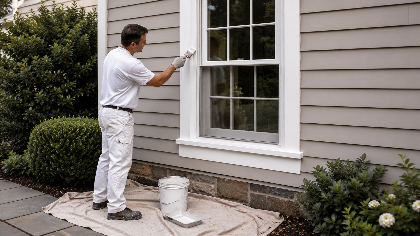 Greenwich CT Painter Preparation Work Professional painter preparing and painting exterior window trim on a Greenwich Connecticut home