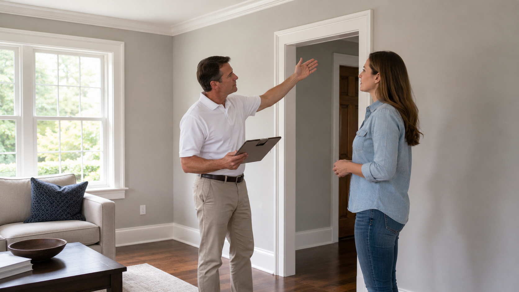 Greenwich CT Painting Scope Review Professional painting estimator reviewing the project scope with a homeowner inside a Greenwich Connecticut home