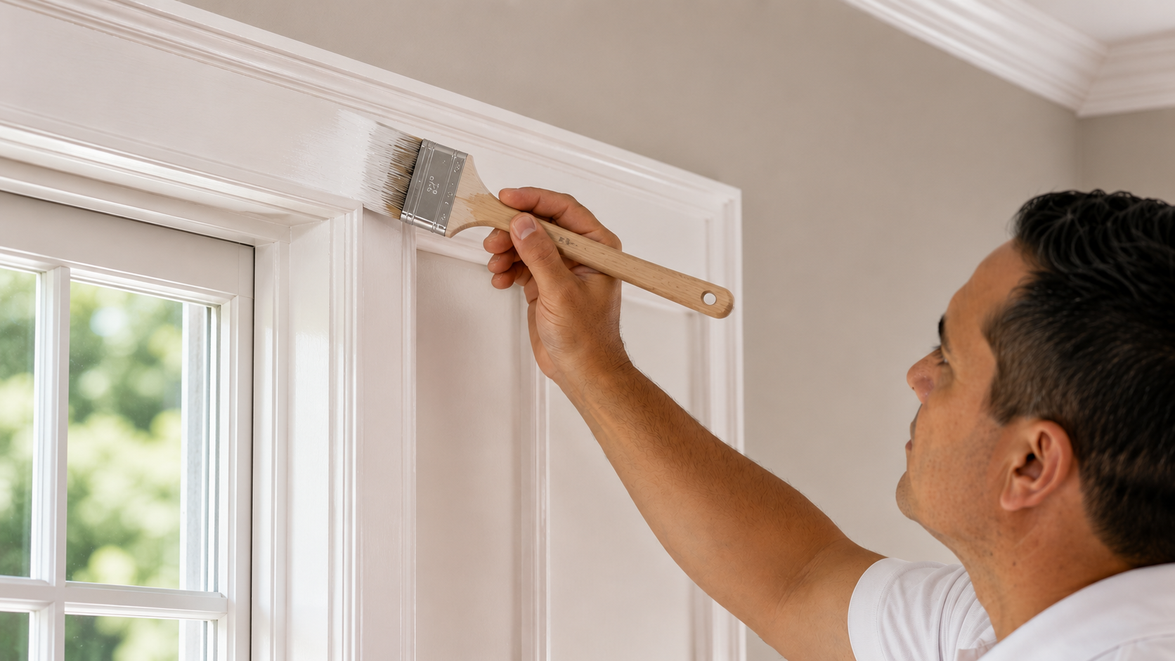 Professional painter carefully applying a smooth finish to detailed window trim in a Greenwich Connecticut home