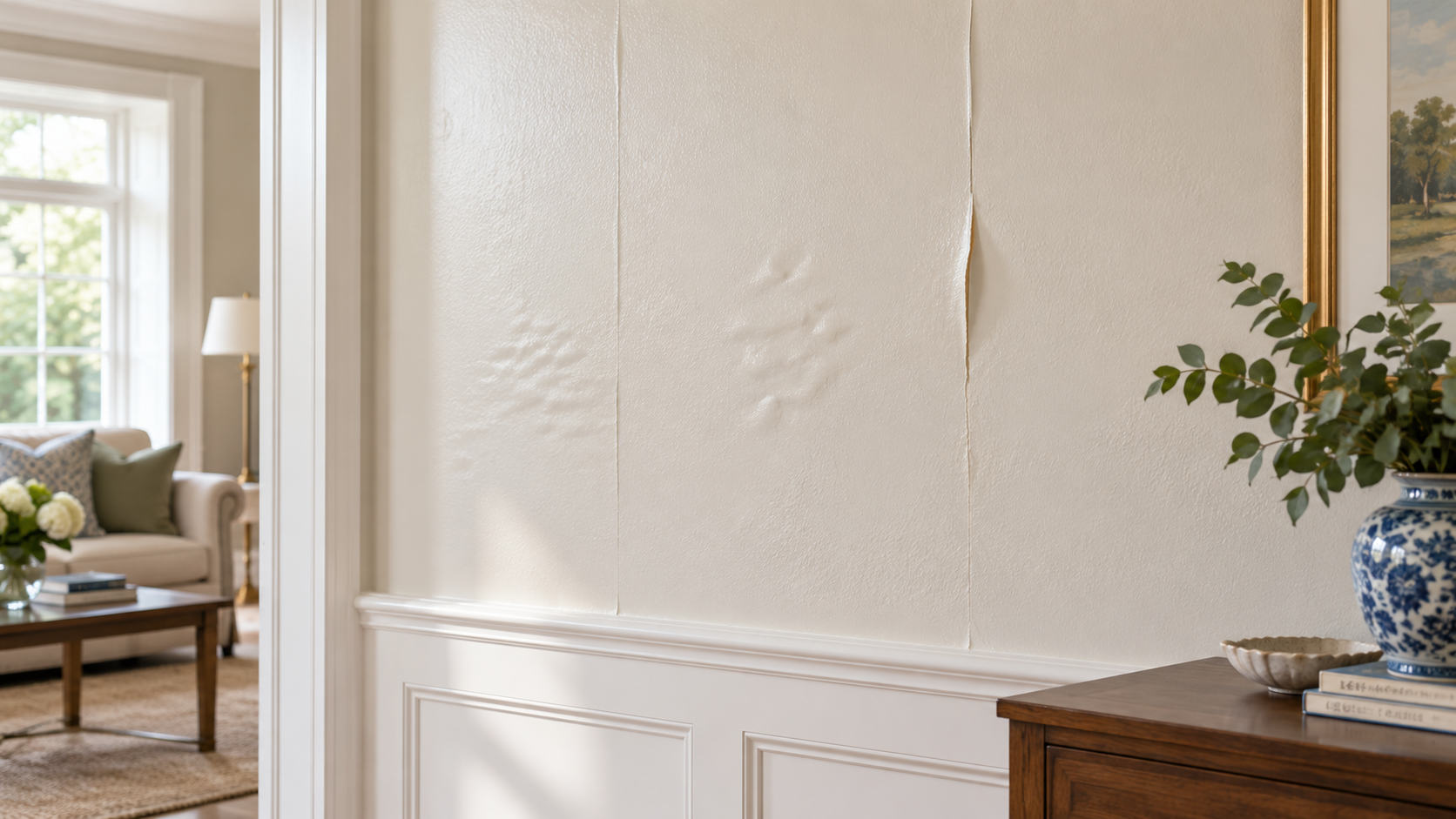 Painting Over Wallpaper Risks — Darien, CT Painted wallpaper showing visible seams and lifting beneath the finish in a Darien Connecticut interior