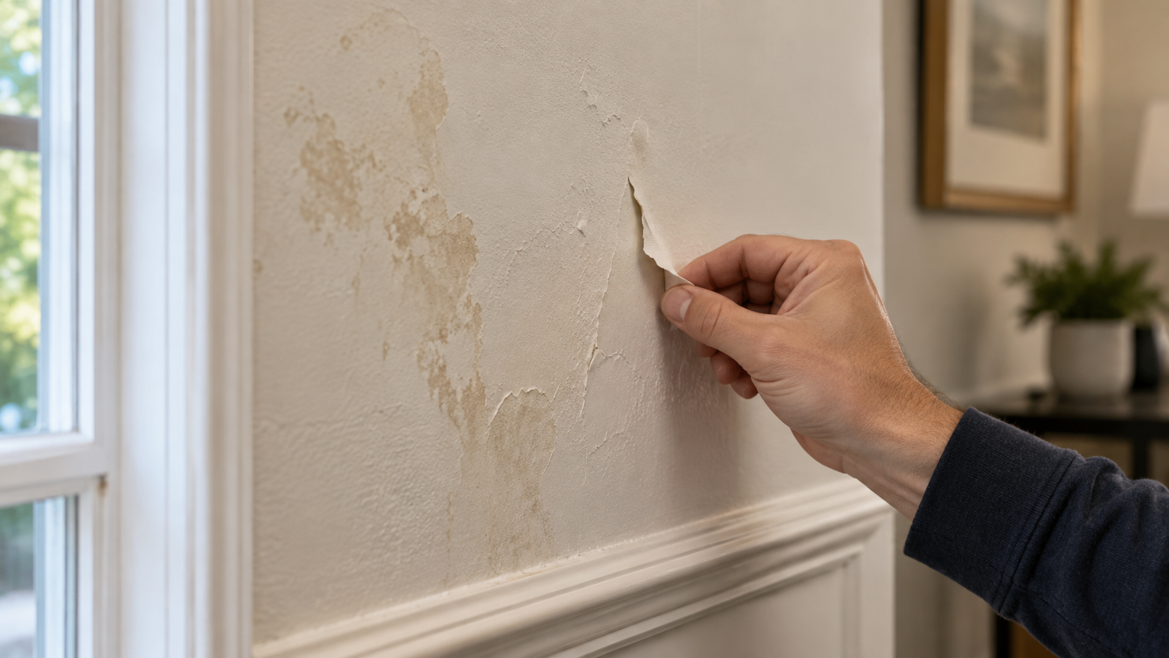 Peeling Paint Wall Condition — Darien, CT Peeling interior paint and visible wall damage being inspected before repainting in Darien Connecticut