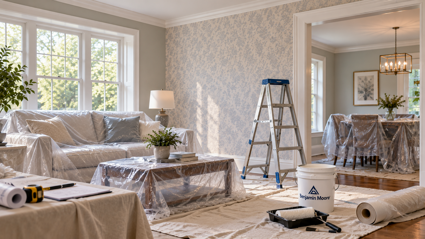 Room Preparation for Wallpaper Removal — Darien, CT Furniture and flooring protected while preparing a room for wallpaper removal and painting in Darien Connecticut