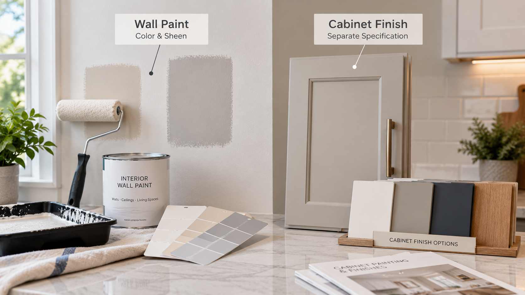 Wall Paint vs Cabinet Finish — Darien, CT Wall paint samples compared separately from cabinet finish options for an interior painting project in Darien Connecticut